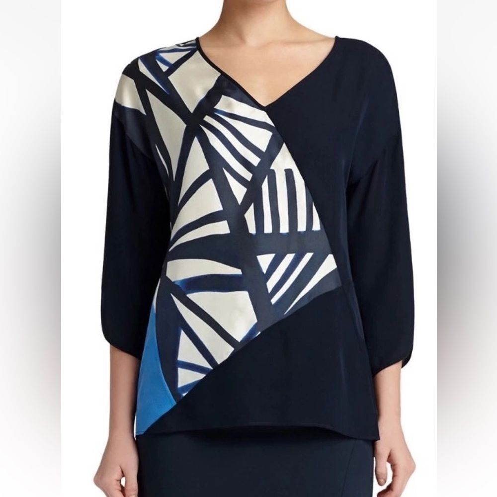 Lafayette 148 Top Silk Lourdes Colorblock Graphic Pattern Blue White Size Small